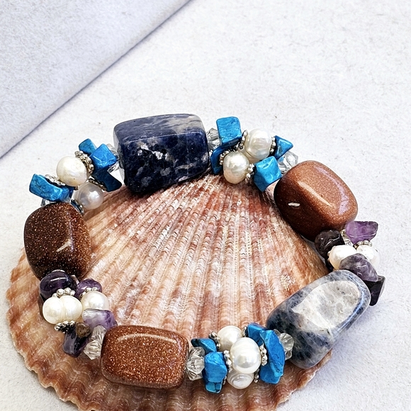 Sodalite,Copper Goldstone, Pearls, Amethyst, Turquoise Stretchy Bracelet - Picture 2 of 14